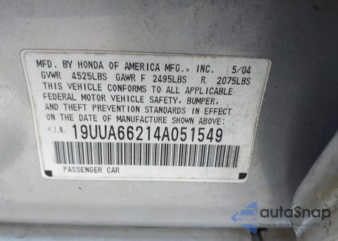 2004 Acura Tl Base W/Nav System (A5) z USA, uszkodzony, nr VIN 19UUA66214A051549